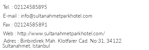 Sultanahmet Park Hotel telefon numaralar, faks, e-mail, posta adresi ve iletiim bilgileri